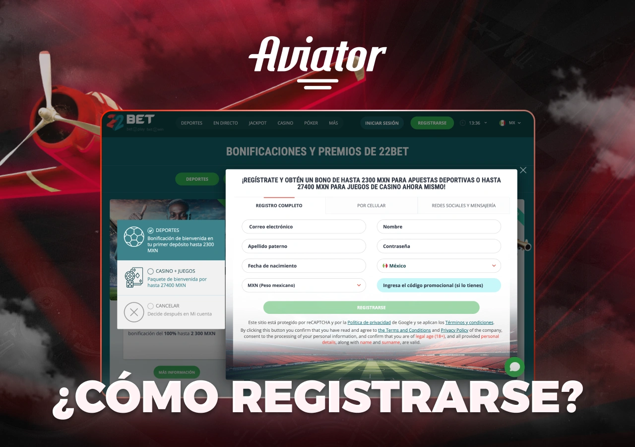 Opciones de registro y bonificación en 22Bet Casino